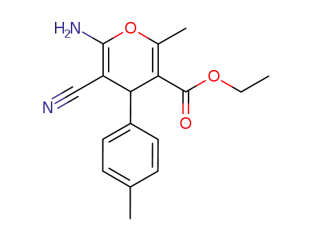 Molecular Structure of 89809-75-6 (4H-Pyran-3-carboxylic acid,
6-amino-5-cyano-2-methyl-4-(4-methylphenyl)-, ethyl ester)