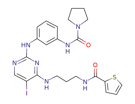 Molecular Structure of 702675-74-9 (N-[3-[[5-Iodo-4-[[3-[(2-thienylcarbonyl)amino]propyl]amino]-2-pyrimidinyl]amino]phenyl]-1-pyrrolidinecarboxamide)
