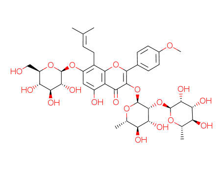 3-(((2S,3R,4R,5R,6S)-4,5-Dihydroxy-6-methyl-3-(((2S,3R,4R,5R,6S)-3,4,5-trihydroxy-6-methyltetrahydro-2H-pyran-2-yl)oxy)tetrahydro-2H-pyran-2-yl)oxy)-5-hydroxy-2-(4-methoxyphenyl)-8-(3-methylbut-2-en-1