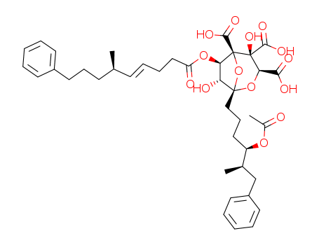Molecular Structure of 146389-62-0 (L-erythro-L-glycero-D-altro-7-Trideculo-7,4-furanosonicacid, 2,7-anhydro-3,4-di-C-carboxy-8,9,10,12,13-pentadeoxy-12-(phenylmethyl)-,11-acetate 5-[(4E,6R)-6-methyl-9-phenyl-4-nonenoate], (7S)-)