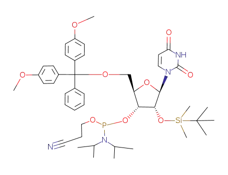 Molecular Structure of 144490-31-3 (5'-O-(4,4'-dimethoxytrityl)-2'-O-(tert-butyldimethylsilyl)uridine-3'-[(2-cyanoethyl)-(N,N-diisopropyl)]phosphoramidite)