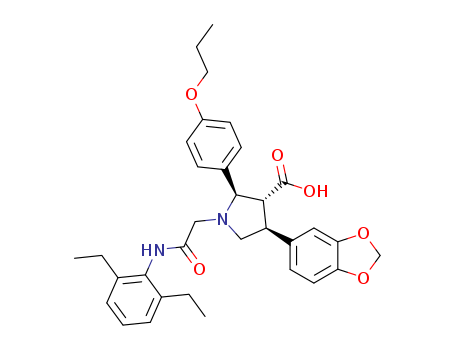 Molecular Structure of 195529-54-5 (3-Pyrrolidinecarboxylicacid,4-(1,3-benzodioxol-5-yl)-1-[2-[(2,6-diethylphenyl)amino]-2-oxoethyl]-2-(4-propoxyphenyl)-,(2R,3R,4S)-)