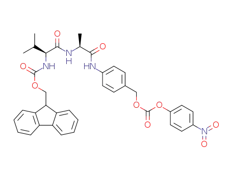 Molecular Structure of 1394238-92-6 ((9H-fluoren-9-yl)methyl ((S)-3-methyl-1-(((S)-1-((4-((((4-nitrophenoxy)carbonyl)oxy)methyl)phenyl)amino)-1-oxopropan-2-yl)amino)-1-oxobutan-2-yl)carbamate)