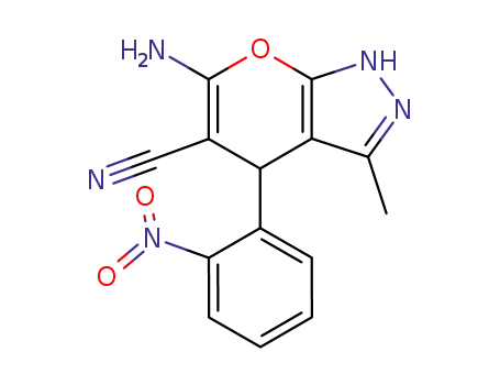Molecular Structure of 89607-33-0 (6-amino-3-methyl-4-(2-nitrophenyl)-1,4-dihydropyrano[2,3-c]pyrazole-5-carbonitrile)