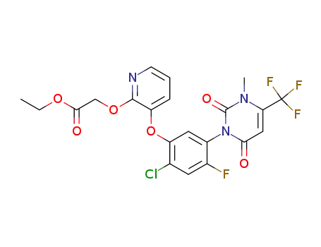 Molecular Structure of 353292-31-6 (Acetic acid,
[[3-[2-chloro-5-[3,6-dihydro-3-methyl-2,6-dioxo-4-(trifluoromethyl)-1(2H)-
pyrimidinyl]-4-fluorophenoxy]-2-pyridinyl]oxy]-, ethyl ester)