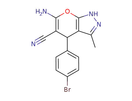 Molecular Structure of 89607-40-9 (6-amino-4-(4-bromophenyl)-3-methyl-1,4-dihydropyrano[2,3-c]pyrazole-5-carbonitrile)