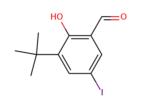 Molecular Structure of 83816-59-5 (Benzaldehyde, 3-(1,1-dimethylethyl)-2-hydroxy-5-iodo-)