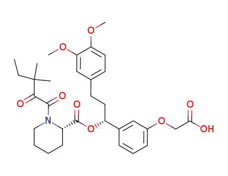 Molecular Structure of 178446-02-1 (2-Piperidinecarboxylic acid, 1-(3,3-dimethyl-1,2-dioxopentyl)-,
(1R)-1-[3-(carboxymethoxy)phenyl]-3-(3,4-dimethoxyphenyl)propyl
ester, (2S)-)