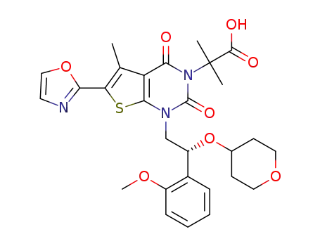 Molecular Structure of 1434635-54-7 (1,4-dihydro-1-[(2R)-2-(2-methoxyphenyl)-2-[(tetrahydro-2H-pyran-4-yl)oxy]ethyl]-α,α,5-trimethyl- 6-(2-oxazolyl)-2,4-dioxo-thieno[2,3-d]pyrimidine-3(2H)-acetic acid)