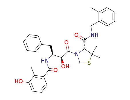 Molecular Structure of 186538-00-1 ((4R)-3-{(2S,3S)-2-hydroxy-3-[(3-hydroxy-2-methylbenzoyl)amino]-4-phenylbutanoyl}-5,5-dimethyl-N-(2-methylbenzyl)-1,3-thiazolidine-4-carboxamide)