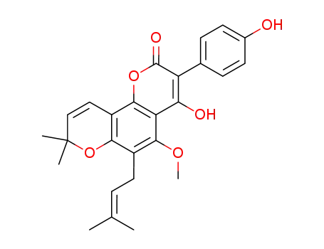 Molecular Structure of 5084-00-4 (4-Hydroxy-3-(4-hydroxyphenyl)-5-methoxy-8,8-dimethyl-6-(3-methyl-2-butenyl)-2H,8H-benzo[1,2-b:3,4-b']dipyran-2-one)