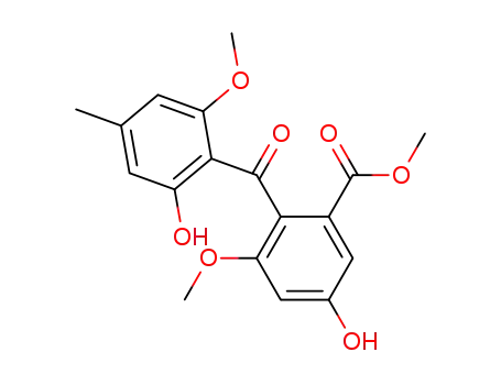Molecular Structure of 10056-14-1 (Benzoic acid,
5-hydroxy-2-(2-hydroxy-6-methoxy-4-methylbenzoyl)-3-methoxy-, methyl
ester)