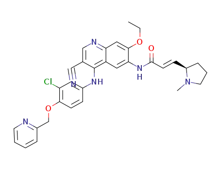 Molecular Structure of 1269662-73-8 ((E)-N-[4-[[3-chloro-4-(pyridin-2-ylmethoxy)phenyl]amino]-3-cyano-7-ethoxy-6-quinolinyl]-3-[(2R)-1-methylpyrrolidin-2-yl]propan-2-enoylamine)