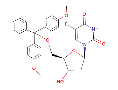 Molecular Structure of 104495-48-9 (1-((2R,4S,5R)-5-((bis(4-methoxyphenyl)(phenyl)methoxy)methyl)-4-hydroxytetrahydrofuran-2-yl)-5-fluoropyrimidine-2,4(1H,3H)-dione)