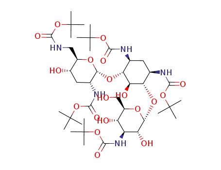 Molecular Structure of 172950-21-9 (di-tert-butyl ((1S,3R,4S,5S,6R)-4-(((2S,3R,4S,5S,6R)-4-((tert-butoxycarbonyl)amino)-3,5-dihydroxy-6-(hydroxymethyl)tetrahydro-2H-pyran-2-yl)oxy)-6-(((2R,3R,5S,6R)-3-((tert-butoxycarbonyl)amino)-6-(((tert-butoxycarbonyl)methyl)-5-hydroxytetrahydro-2H-pyran-2-yl)oxy)-5-hydroxycyclohexane-1,3-diyl)dicarbamate))