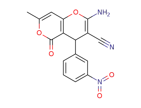 Molecular Structure of 265315-70-6 (2-amino-7-methyl-4-(3-nitrophenyl)-5-oxo-4H-pyrano[3,2-c]pyran-3-carbonitrile)