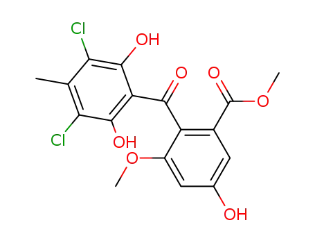 Molecular Structure of 2151-16-8 (2-(2,6-Dihydroxy-3,5-dichloro-4-methylbenzoyl)-3-methoxy-5-hydroxybenzoic acid methyl ester)