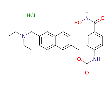 Molecular Structure of 199657-29-9 (Carbamic acid, [4-[(hydroxyamino)carbonyl]phenyl]-,
[6-[(diethylamino)methyl]-2-naphthalenyl]methyl ester,
monohydrochloride)