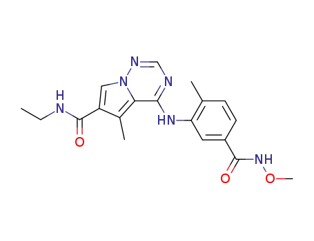 Molecular Structure of 427878-02-2 (Pyrrolo[2,1-f][1,2,4]triazine-6-carboxamide, N-ethyl-4-[[5-[(methoxyamino)carbonyl]-2-methylphenyl]amino]-5-methyl-)