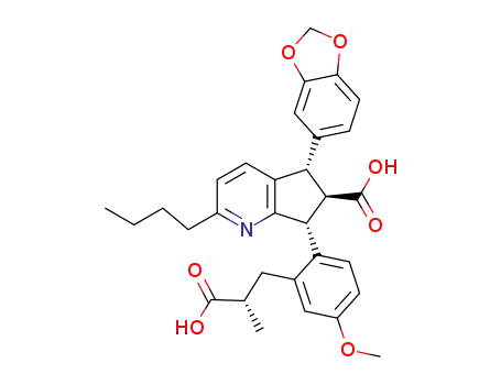 Molecular Structure of 198279-45-7 ((5S,6R,7R)-2-Butyl-7-[2-[2(S)-carboxypropyl]-4-methoxyphenyl]-5-(3,4-methylenedioxyphenyl)-6,7-dihydro-5H-cyclopenta[b]pyridine-6-carboxylic acid)