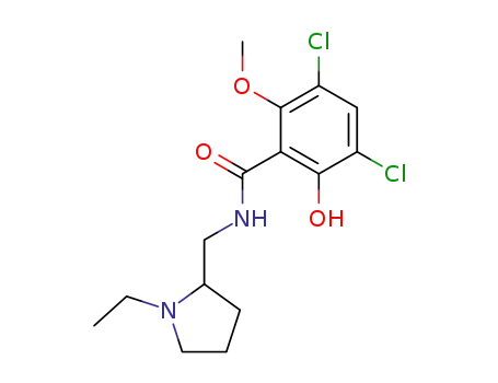 Molecular Structure of 152127-68-9 (Benzamide,
3,5-dichloro-N-[(1-ethyl-2-pyrrolidinyl)methyl]-2-hydroxy-6-methoxy-)