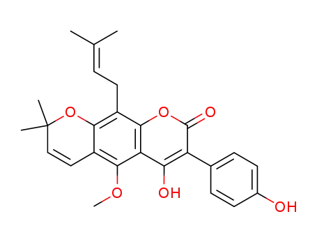 Molecular Structure of 5490-47-1 (4-Hydroxy-3-(4-hydroxyphenyl)-5-methoxy-8,8-dimethyl-10-(3-methyl-2-butenyl)-2H,8H-benzo[1,2-b:5,4-b']dipyran-2-one)