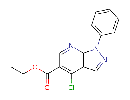 Molecular Structure of 19743-76-1 (1H-Pyrazolo[3,4-b]pyridine-5-carboxylic acid, 4-chloro-1-phenyl-, ethyl
ester)