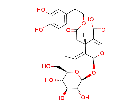 Molecular Structure of 52077-55-1 ((2S,3E,4S)-4-{2-[2-(3,4-dihydroxyphenyl)ethoxy]-2-oxoethyl}-3-ethylidene-2-(beta-D-glucopyranosyloxy)-3,4-dihydro-2H-pyran-5-carboxylic acid)