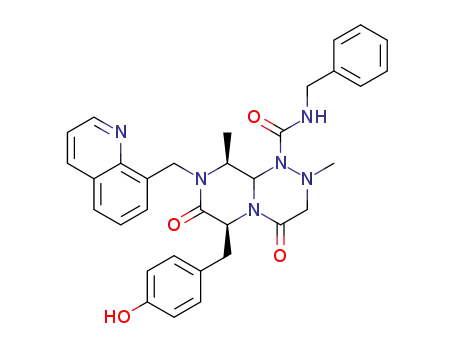 Molecular Structure of 1198780-43-6 ((6S,9S)-N-benzyl-6-(4-hydroxybenzyl)-2,9-dimethyl-4,7-dioxo-8-(quinolin-8-ylmethyl)octahydro-1H-pyrazino[2,1-c][1,2,4]triazine-1-carboxamide)