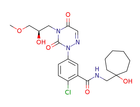 Molecular Structure of 724424-43-5 ((R)-2-CHLORO-5-(4-(HYDROXY(METHOXY)METHYL)-3,5-DIOXO-4,5-DIHYDRO-1,2,4-TRIAZIN-2(3H)-YL)-N-((1-HYDROXYCYCLOHEPTYL)METHYL)BENZAMIDE)