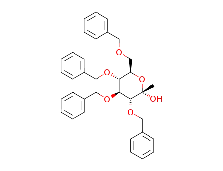 Molecular Structure of 137344-41-3 (3,4,5,7-tetra-O-benzyl-1-deoxy-α-D-gluco-hept-2-ulopyranose)