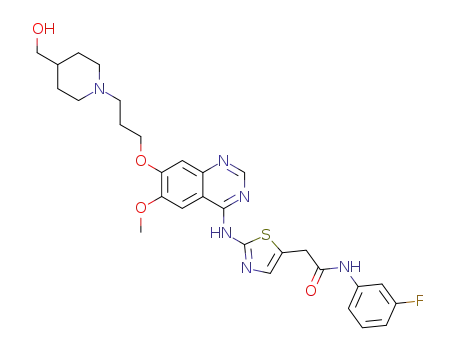 Molecular Structure of 385782-89-8 (5-Thiazoleacetamide,
N-(3-fluorophenyl)-2-[[7-[3-[4-(hydroxymethyl)-1-piperidinyl]propoxy]-6-
methoxy-4-quinazolinyl]amino]-)