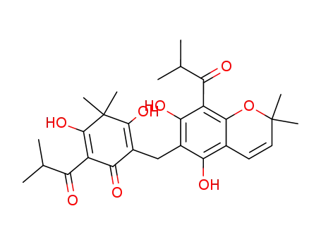 Molecular Structure of 19809-79-1 (2-[[5,7-Dihydroxy-8-(1-oxoisobutyl)-2,2-dimethyl-2H-1-benzopyran-6-yl]methyl]-3,5-dihydroxy-6-(1-oxoisobutyl)-4,4-dimethyl-2,5-cyclohexadien-1-one)