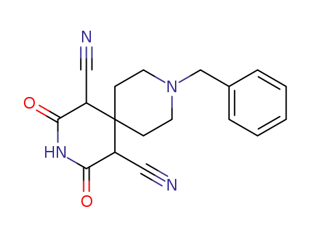 Molecular Structure of 189333-46-8 (9-benzyl-2,4-dioxo-3,9-diazaspiro[5.5]undecane-1,5-dicarbonitrile)