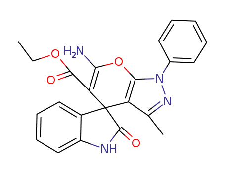 Molecular Structure of 106536-40-7 (ethyl 6′-amino-3′-methyl-2-oxo-1′-phenyl-1′H-spiro[indoline-3,4′-pyrano[2,3-c]pyrazole]-5′-carboxylate)