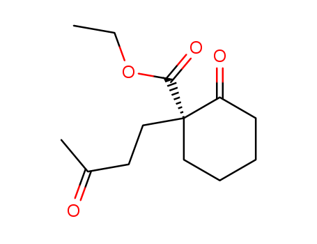 Molecular Structure of 69881-57-8 (Cyclohexanecarboxylic acid, 2-oxo-1-(3-oxobutyl)-, ethyl ester, (R)-)