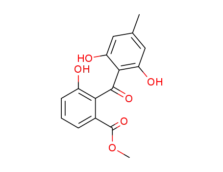 Molecular Structure of 104022-80-2 (2-(2,6-Dihydroxy-4-methylbenzoyl)-3-hydroxybenzoic acid methyl ester)