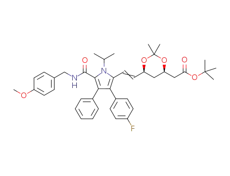 Molecular Structure of 855249-03-5 ((6-{2-[3-(4-fluorophenyl)-1-isopropyl-5-(4-methoxybenzylcarbamoyl)-4-phenyl-1H-pyrrol-2-yl]vinyl}-2,2-dimethyl-[1,3]dioxan-4-yl)acetic acid tert-butyl ester)