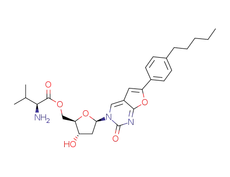 Molecular Structure of 956483-02-6 (L-Valine 5'-ester with 3-(2-deoxy-beta-D-erythro-pentofuranosyl)-6-(4-pentylphenyl)furo[2,3-d]pyrimidin-2(3H)-one)