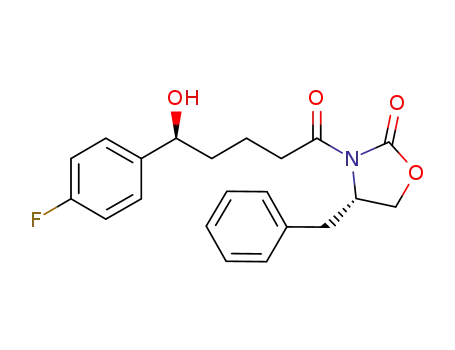 Molecular Structure of 852148-49-3 (2-Oxazolidinone,3-[(5S)-5-(4-fluorophenyl)-5-hydroxy-1-oxopentyl]-4-(phenylmethyl)-,(4S)-)