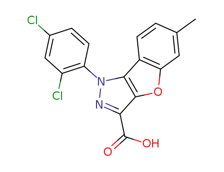 Molecular Structure of 1240998-70-2 (1-(2,4-dichlorophenyl)-6-methyl-1H-benzofuro[3,2-0c]pyrazole-3-carboxylic acid)