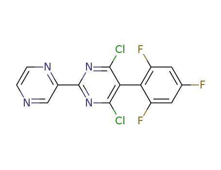 Molecular Structure of 849600-51-7 (Pyrimidine, 4,6-dichloro-2-pyrazinyl-5-(2,4,6-trifluorophenyl)-)