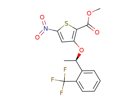 Molecular Structure of 929039-94-1 (2-Thiophenecarboxylic acid, 5-nitro-3-[(1R)-1-[2-(trifluoroMethyl)phenyl]ethoxy]-, Methyl ester)