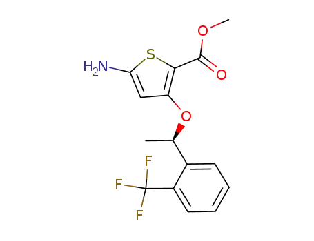 Molecular Structure of 929039-92-9 (2-Thiophenecarboxylic acid, 5-aMino-3-[(1R)-1-[2-(trifluoroMethyl)phenyl]ethoxy]-, Methyl ester)