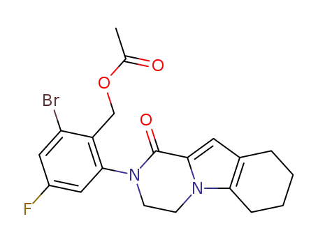 Molecular Structure of 1346673-13-9 (2-bromo-4-fluoro-6-(1-oxo-3,4,6,7,8,9-hexahydropyrazino[1,2-a]indol-2(1H)-yl)benzyl acetate)