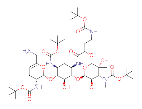 tert-butyl ((2R,3R,4R,5R)-2-(((1S,2S,3R,4S,6R)-3-(((2S,3R)-6-(aminomethyl)-3-((tert-butoxycarbonyl)amino)-3,4-dihydro-2H-pyran-2-yl)oxy)-4-((tert-butoxycarbonyl)amino)-6-((S)-4-((tert-butoxycarbonyl)amino)-2-hydroxybutanamido)-2-hydroxycyclohexyl)oxy)-3,5-dihydroxy-5-methyltetrahydro-2H-pyran-4-yl)(methyl)carbamate