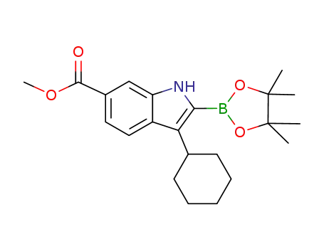 Molecular Structure of 863579-14-0 (METHYL 3-CYCLOHEXYL-2-(4,4,5,5-TETRAMETHYL-1,3,2-DIOXABOROLAN-2-YL)-1H-INDOLE-6-CARBOXYLATE)