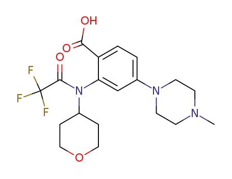 Molecular Structure of 1034975-61-5 (4-(4-methylpiperazin-1-yl)-2-(2,2,2-trifluoro-N-(tetrahydro-2H-pyran-4-yl)acetamido)benzoic acid)