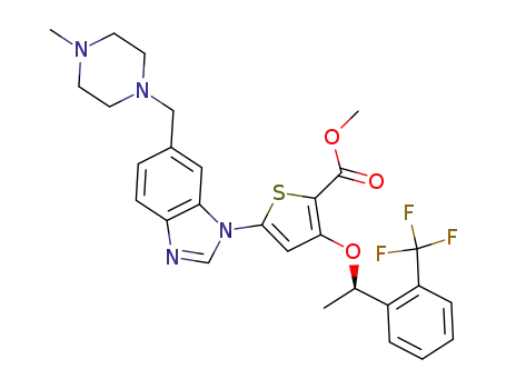 Molecular Structure of 929095-51-2 ((R)-Methyl 5-(6-((4-Methylpiperazin-1-yl)Methyl)-1H-benzo[d]iMidazol-1-yl)-3-(1-(2-(trifluoroMethyl)phenyl)ethoxy)thiophene-2-carboxylate)