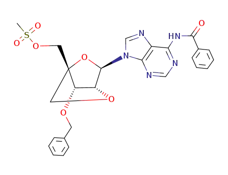 Molecular Structure of 293751-32-3 (((1R,3R,4R,7S)-3-(6-benzamido-9H-purin-9-yl)-7-(benzyloxy)-2,5-dioxabicyclo[2.2.1]heptan-1-yl)methyl methanesulfonate)
